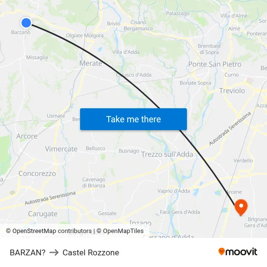 Barzan to Castel Rozzone map