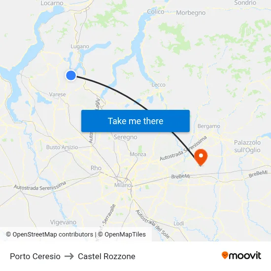 Porto Ceresio to Castel Rozzone map