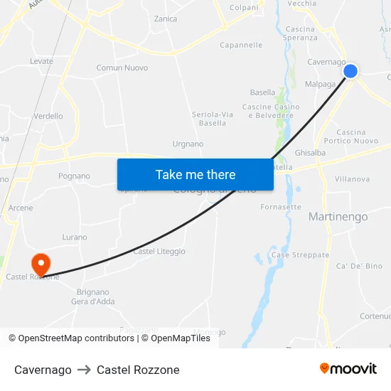 Cavernago to Castel Rozzone map