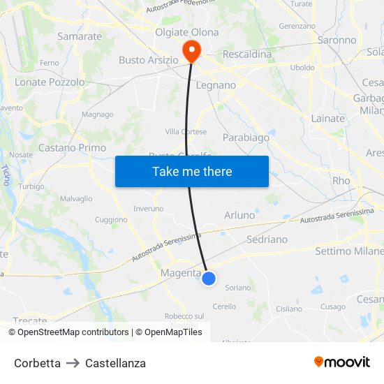 Corbetta to Castellanza map