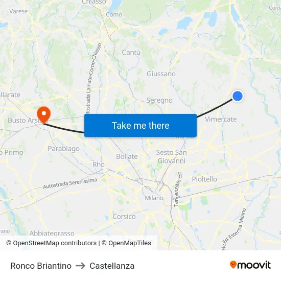 Ronco Briantino to Castellanza map