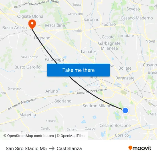 San Siro Stadio M5 to Castellanza map