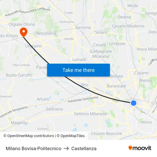 Milan Bovisa-Polytechnic to Castellanza map