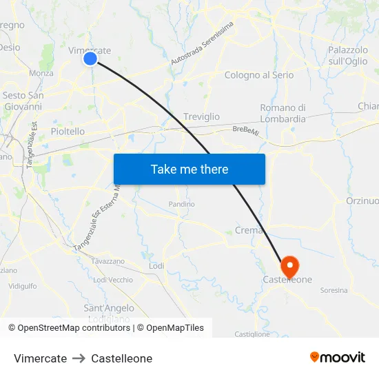 Vimercate to Castelleone map