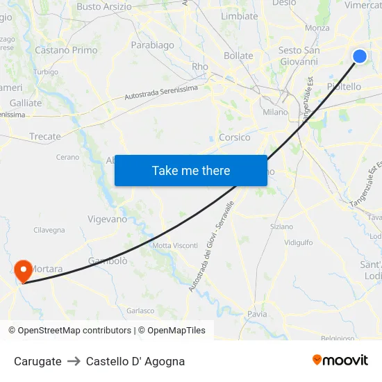 Carugate to Castello D' Agogna map