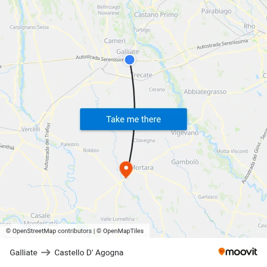 Galliate to Castello D' Agogna map