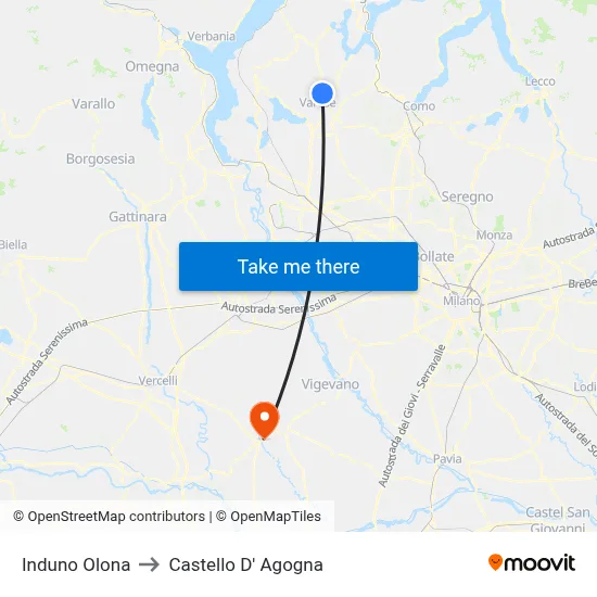 Induno Olona to Castello D' Agogna map