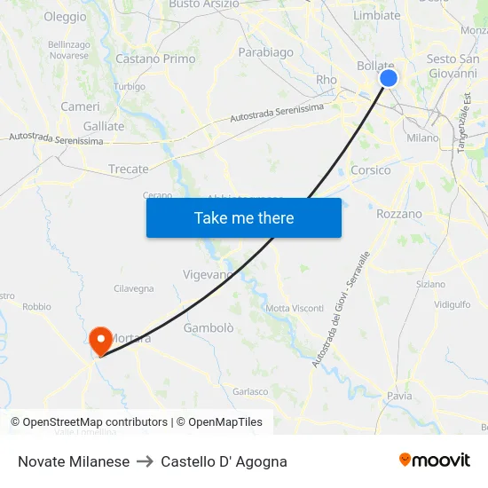 Novate Milanese to Castello D' Agogna map