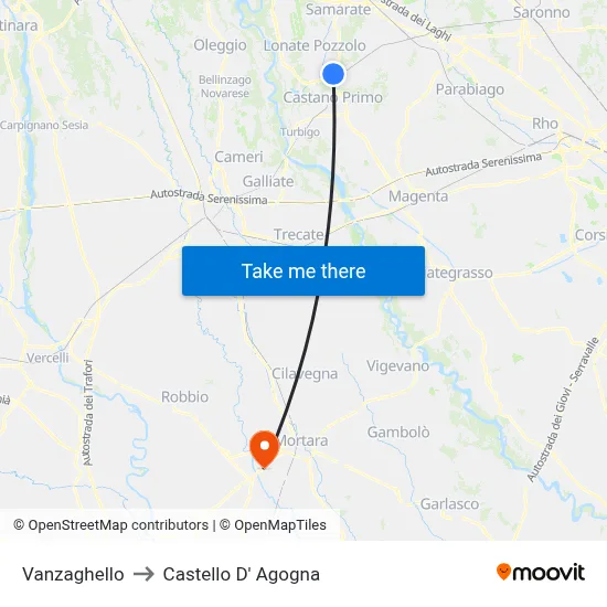 Vanzaghello to Castello D' Agogna map