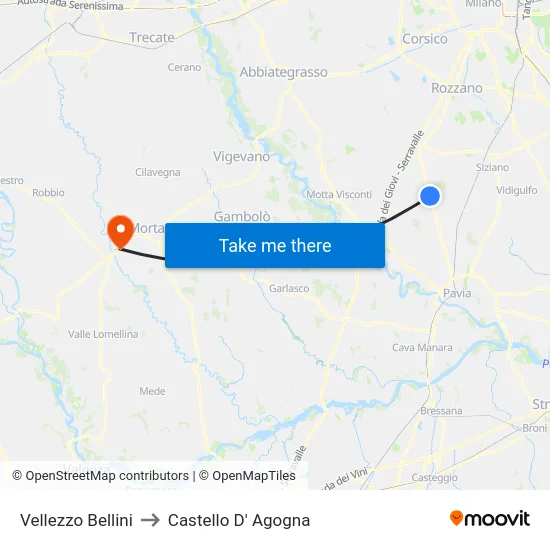 Vellezzo Bellini to Castello D' Agogna map