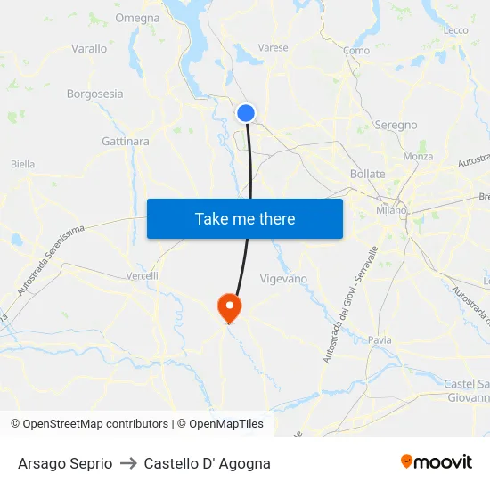 Arsago Seprio to Castello D' Agogna map