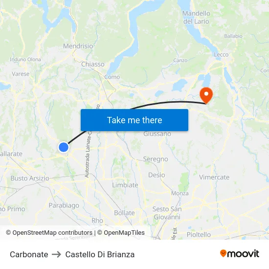 Carbonate to Castello di Brianza map