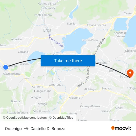 Orsenigo to Castello di Brianza map