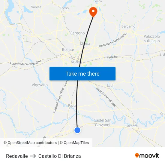 Redavalle to Castello di Brianza map