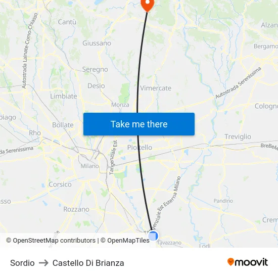 Sordio to Castello di Brianza map