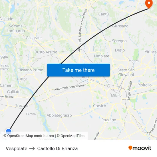 Vespolate to Castello di Brianza map