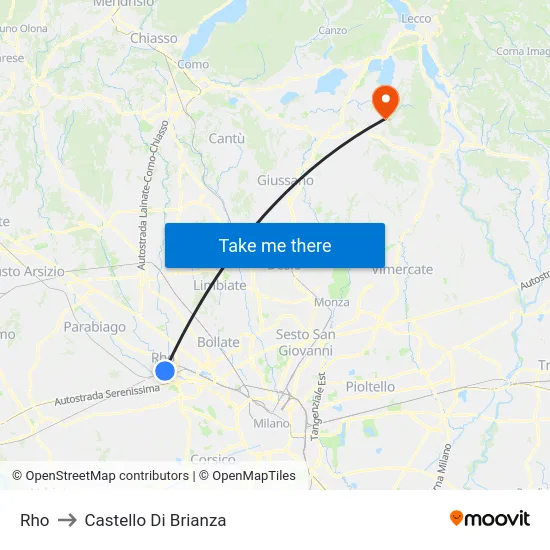Rho to Castello di Brianza map