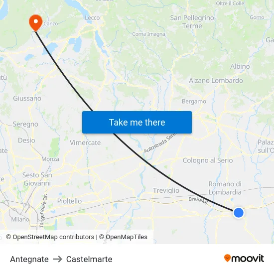 Antegnate to Castelmarte map