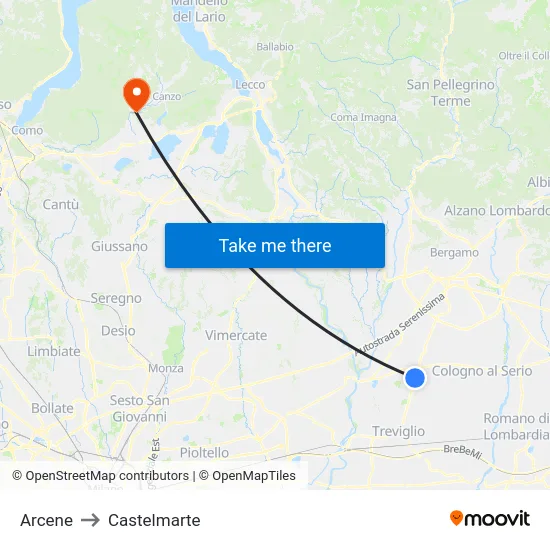 Arcene to Castelmarte map