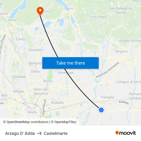 Arzago D' Adda to Castelmarte map