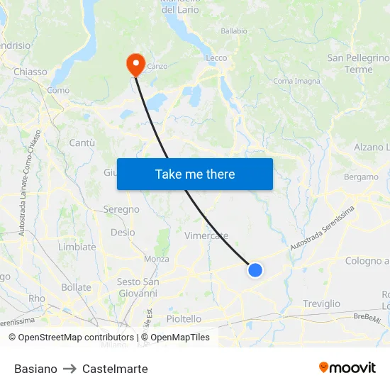 Basiano to Castelmarte map