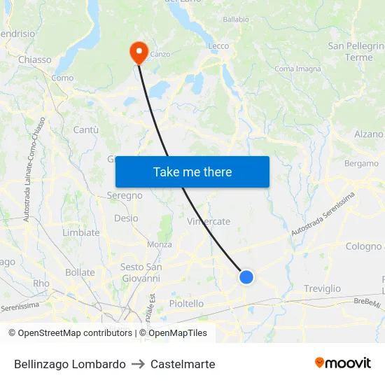 Bellinzago Lombardo to Castelmarte map