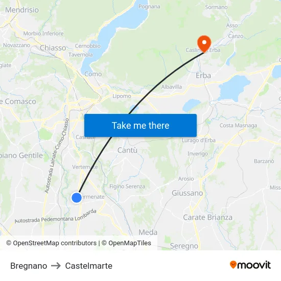 Bregnano to Castelmarte map