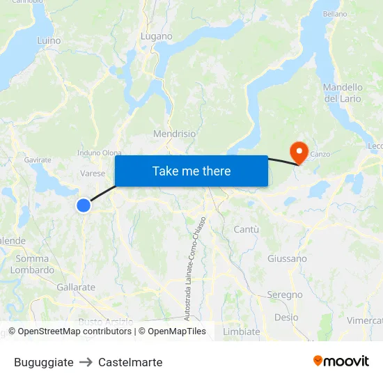 Buguggiate to Castelmarte map