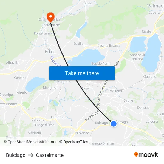 Bulciago to Castelmarte map