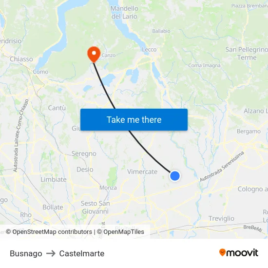 Busnago to Castelmarte map