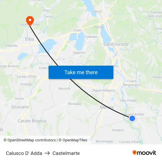 Calusco d'Adda to Castelmarte map
