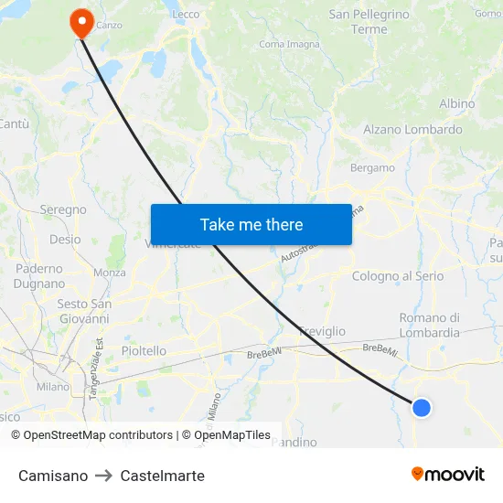 Camisano to Castelmarte map