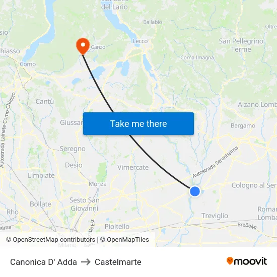 Canonica d'Adda to Castelmarte map