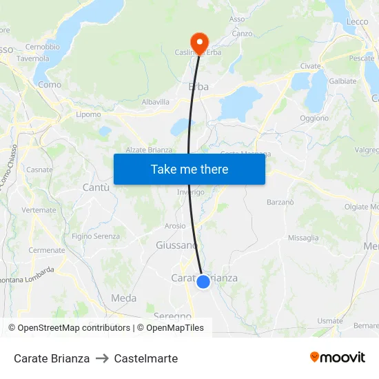 Carate Brianza to Castelmarte map