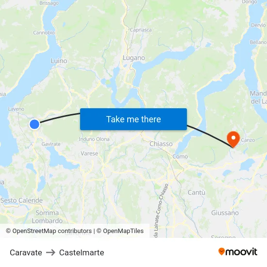 Caravate to Castelmarte map