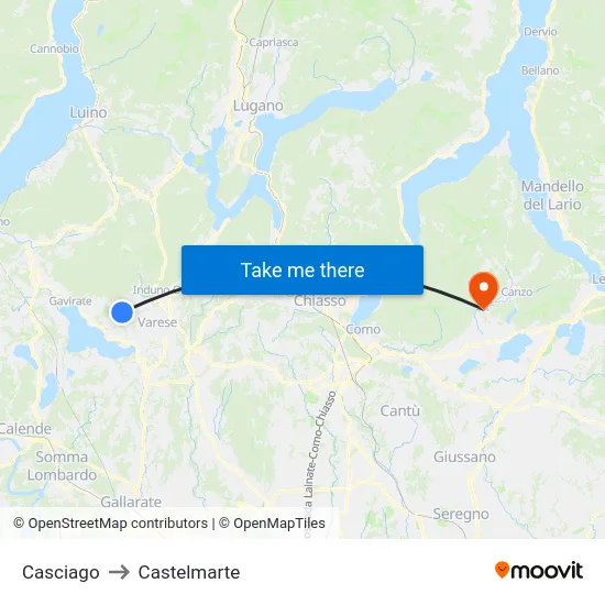 Casciago to Castelmarte map