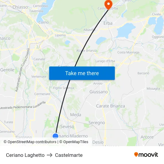 Ceriano Laghetto to Castelmarte map