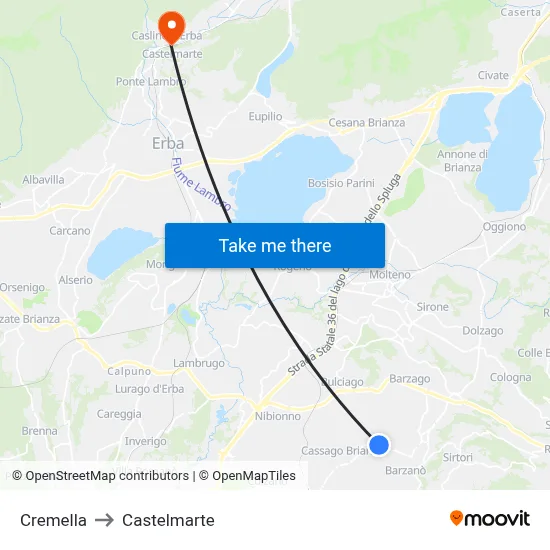 Cremella to Castelmarte map