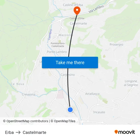 Erba to Castelmarte map
