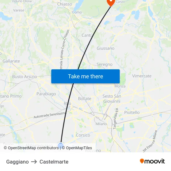 Gaggiano to Castelmarte map