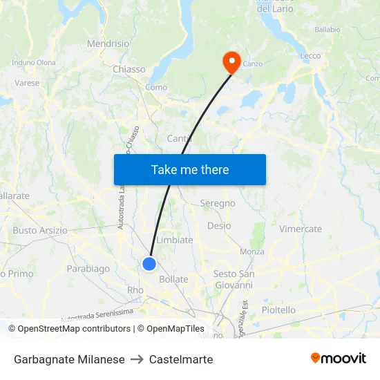 Garbagnate Milanese to Castelmarte map