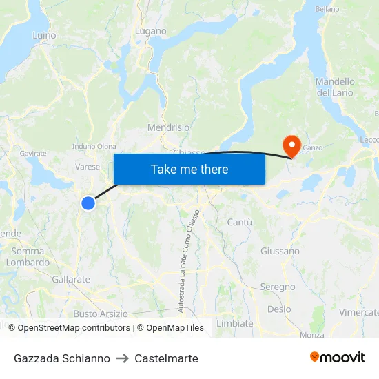 Gazzada Schianno to Castelmarte map