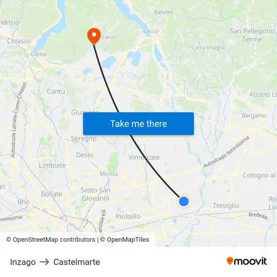Inzago to Castelmarte map