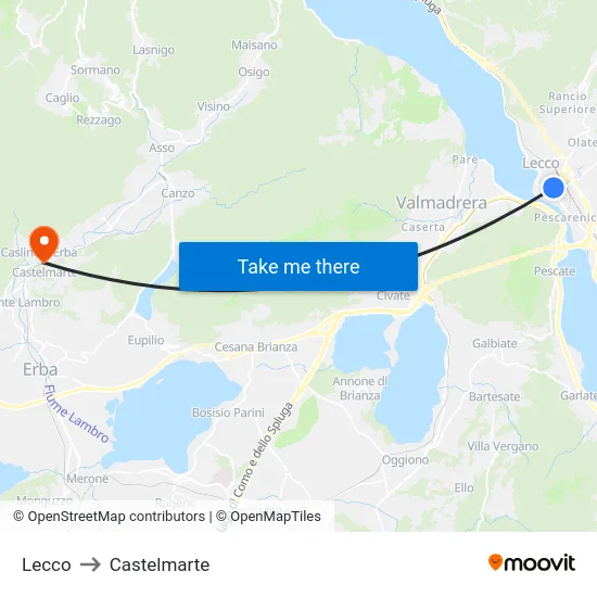 Lecco to Castelmarte map