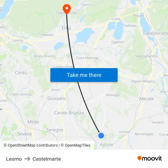 Lesmo to Castelmarte map