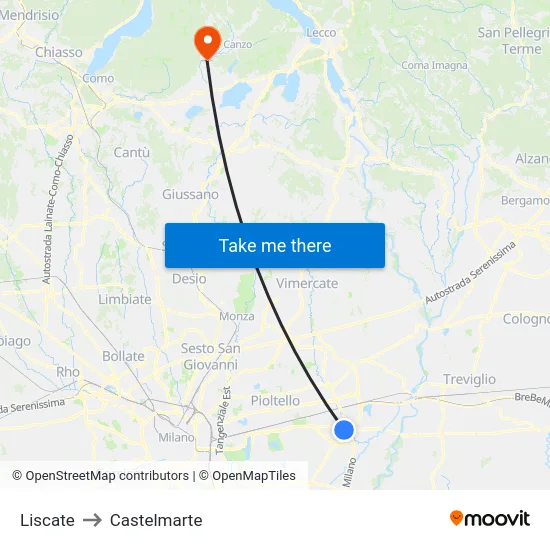 Liscate to Castelmarte map