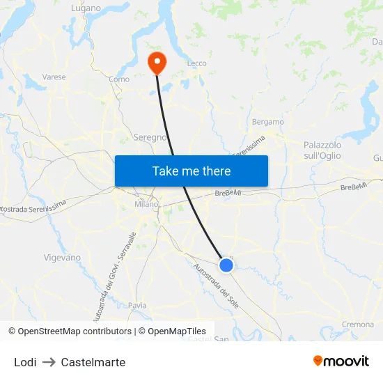 Lodi to Castelmarte map