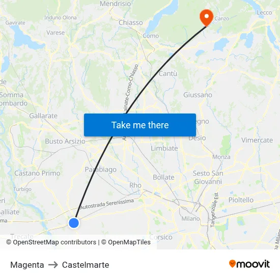 Magenta to Castelmarte map