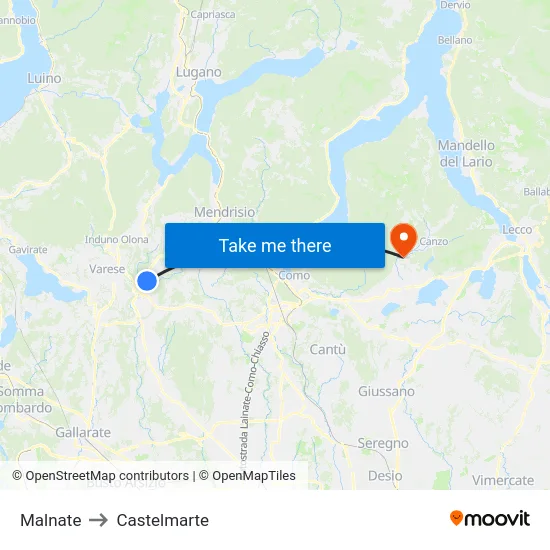 Malnate to Castelmarte map