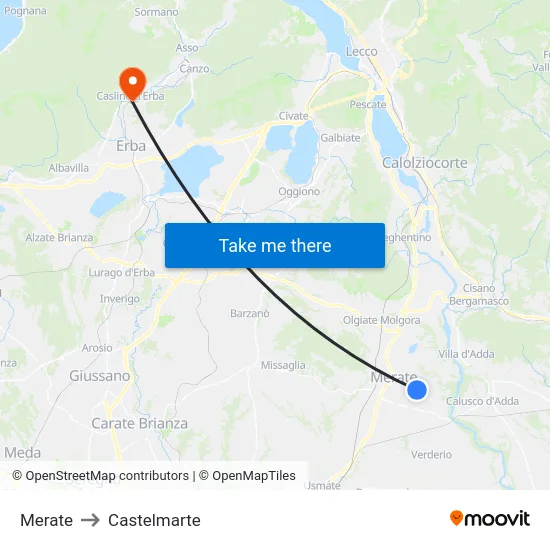 Merate to Castelmarte map